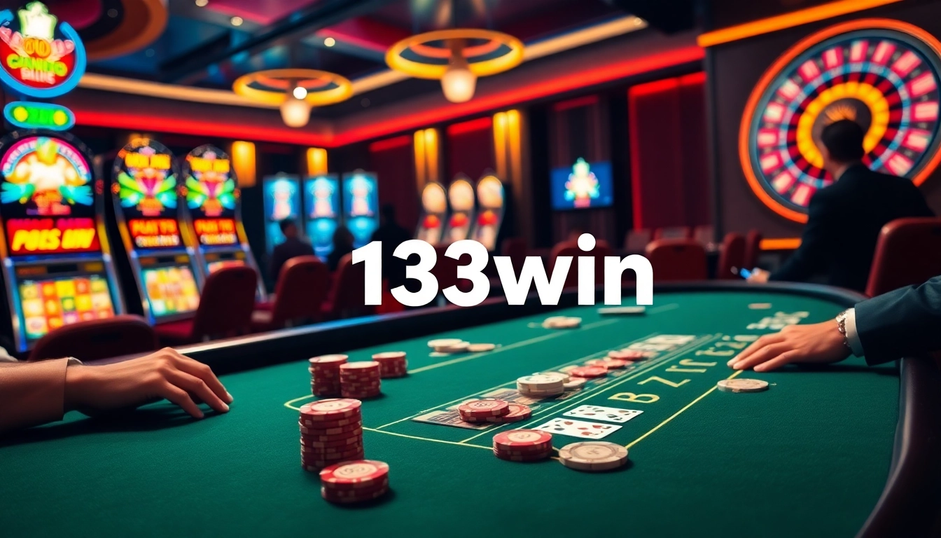 Experience the thrill of 13win with a luxurious casino setting featuring blackjack and slot machines.