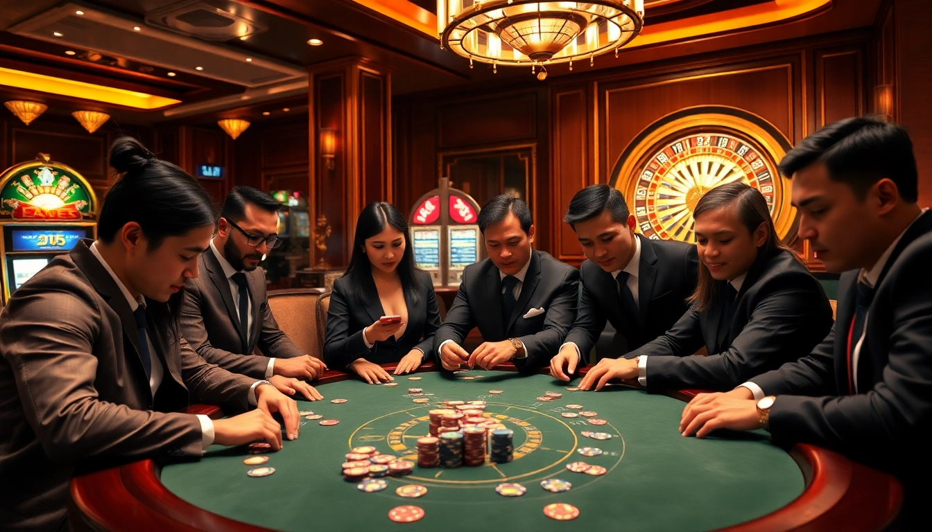 An exciting poker game capturing the essence of lo de uy tin in a vibrant casino atmosphere.