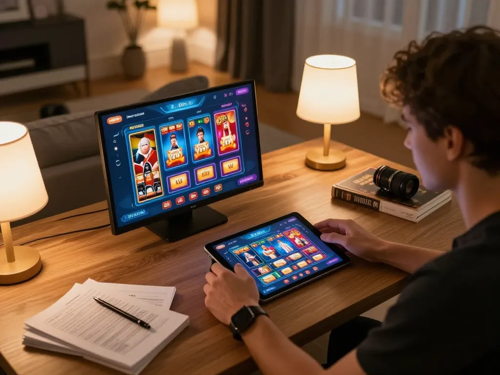 Player enjoying rikvip on a tablet, surrounded by strategy notes and warm lighting in a cozy home