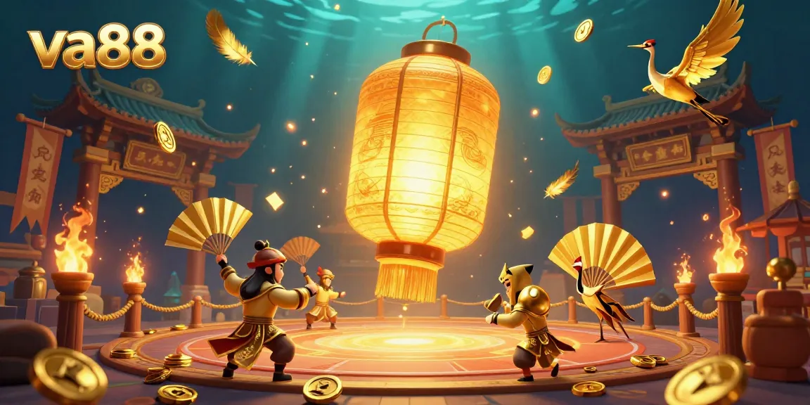 Engage with va88’s dynamic night market casino, showcasing a golden lantern spirit and fortune symbols.