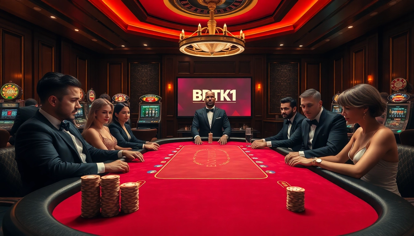 Engaging poker players utilizing the BDTK1 app at a luxurious casino table.