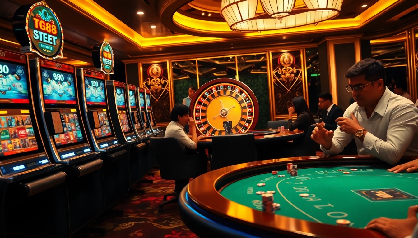 Experience excitement at tg88 with players enjoying slot machines and poker tables.