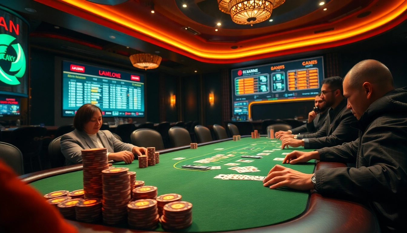 Intense poker action at da88st.com with high-stakes players and vibrant casino atmosphere.