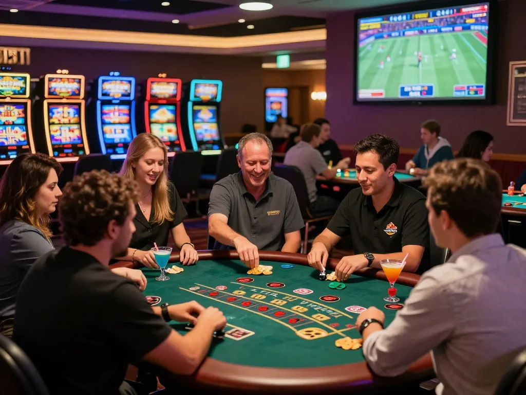 Exciting gambling atmosphere at gem88 online casino with diverse players enjoying baccarat, poker, and vibrant slot machines.