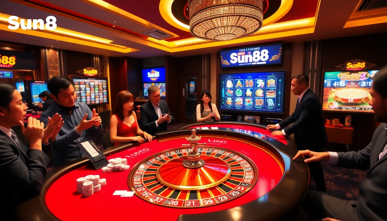 Exciting gaming experience at Sun88 featuring luxury poker tables and vibrant slot machines.
