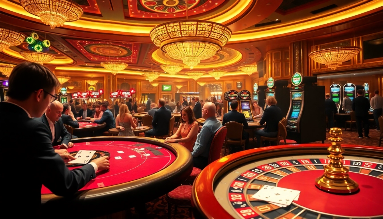 8kbet casino players enjoying an exciting game at luxury tables with cards and chips.