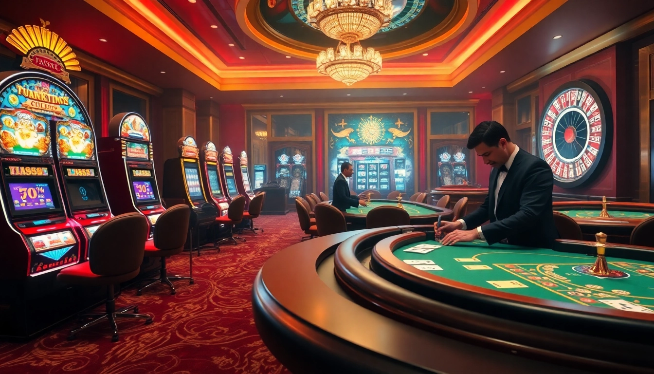 Experience the thrill of betting with nhà cái vn88 in a luxurious casino setting filled with slot machines and poker tables.