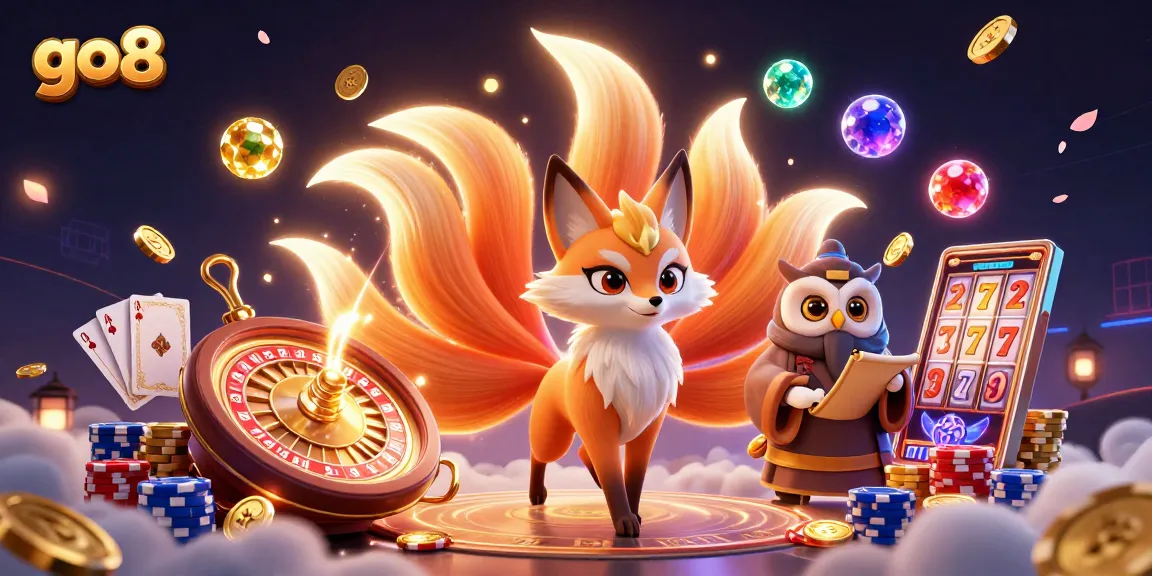 Go8 illuminates a vibrant, dynamic casino scene with a glowing fox spirit, owl sage, and casino elements.