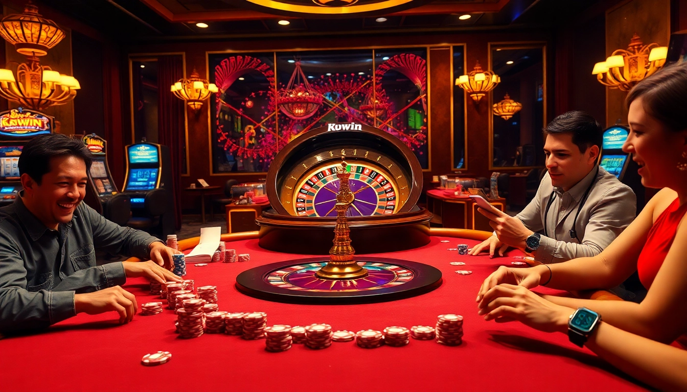 kuwin casino scene with excited players at a poker table and vibrant slot machines in the background