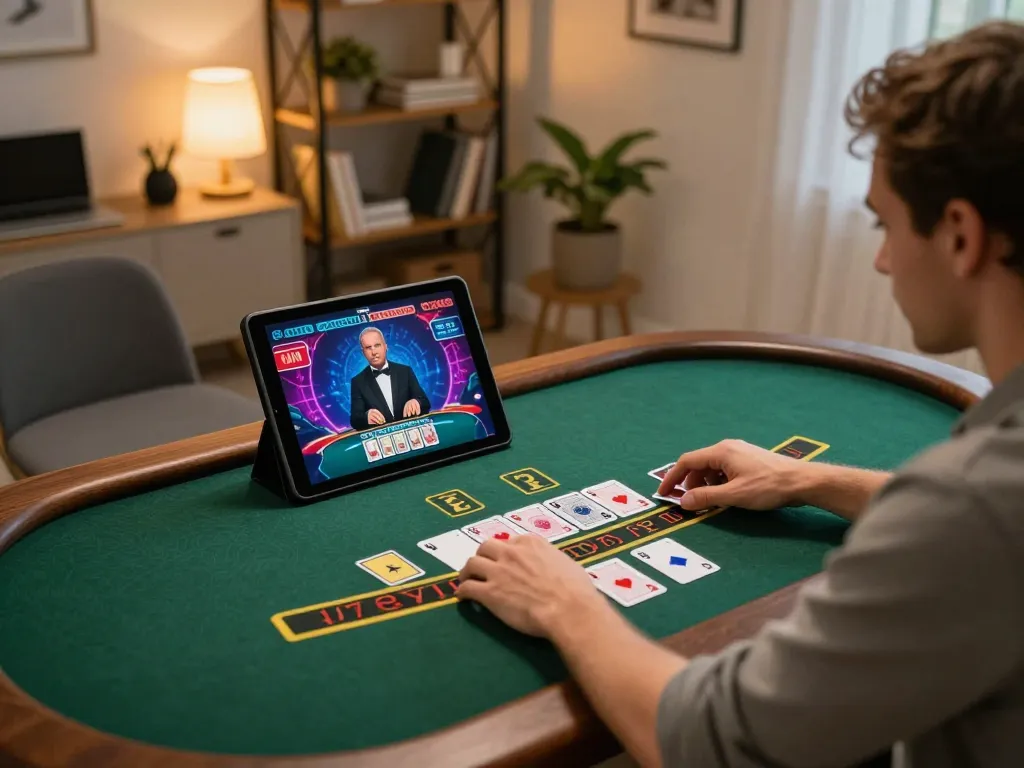 Tg88 player enjoying live dealer blackjack on tablet in a cozy home setting