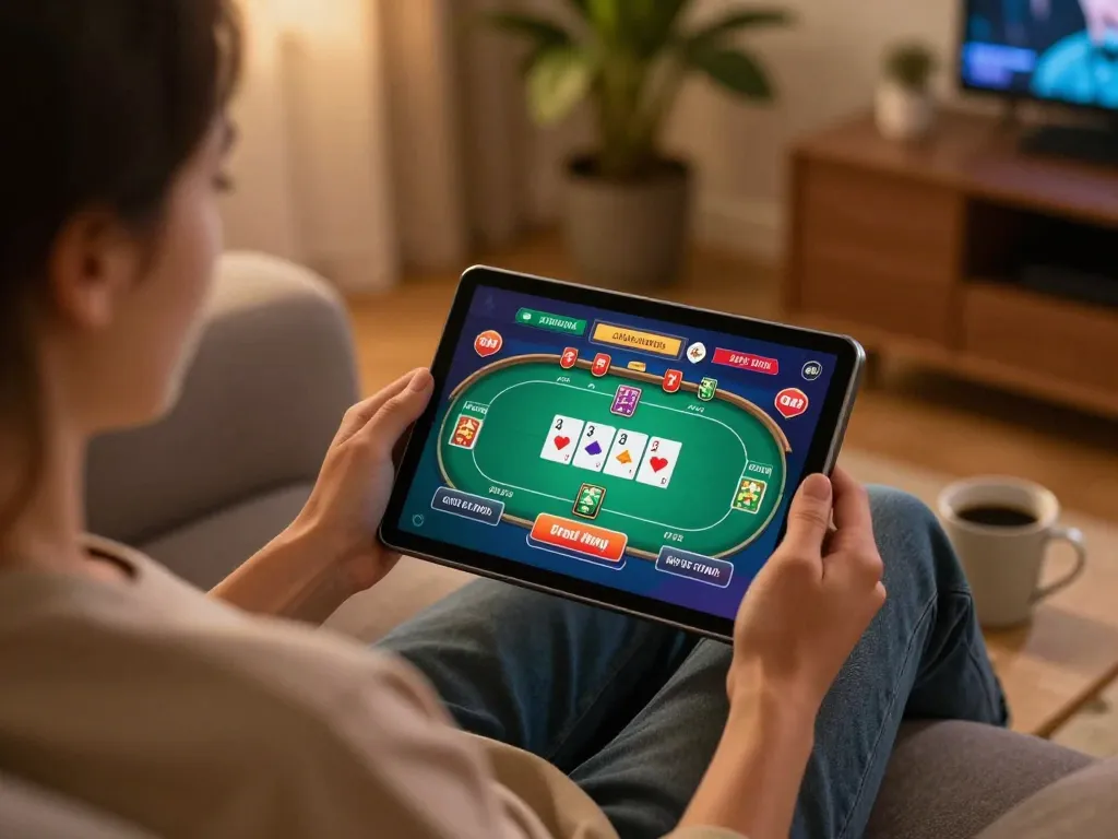 Engaging online gaming session with 68gamebaivn poker on a tablet, cozy ambiance, strategic play.