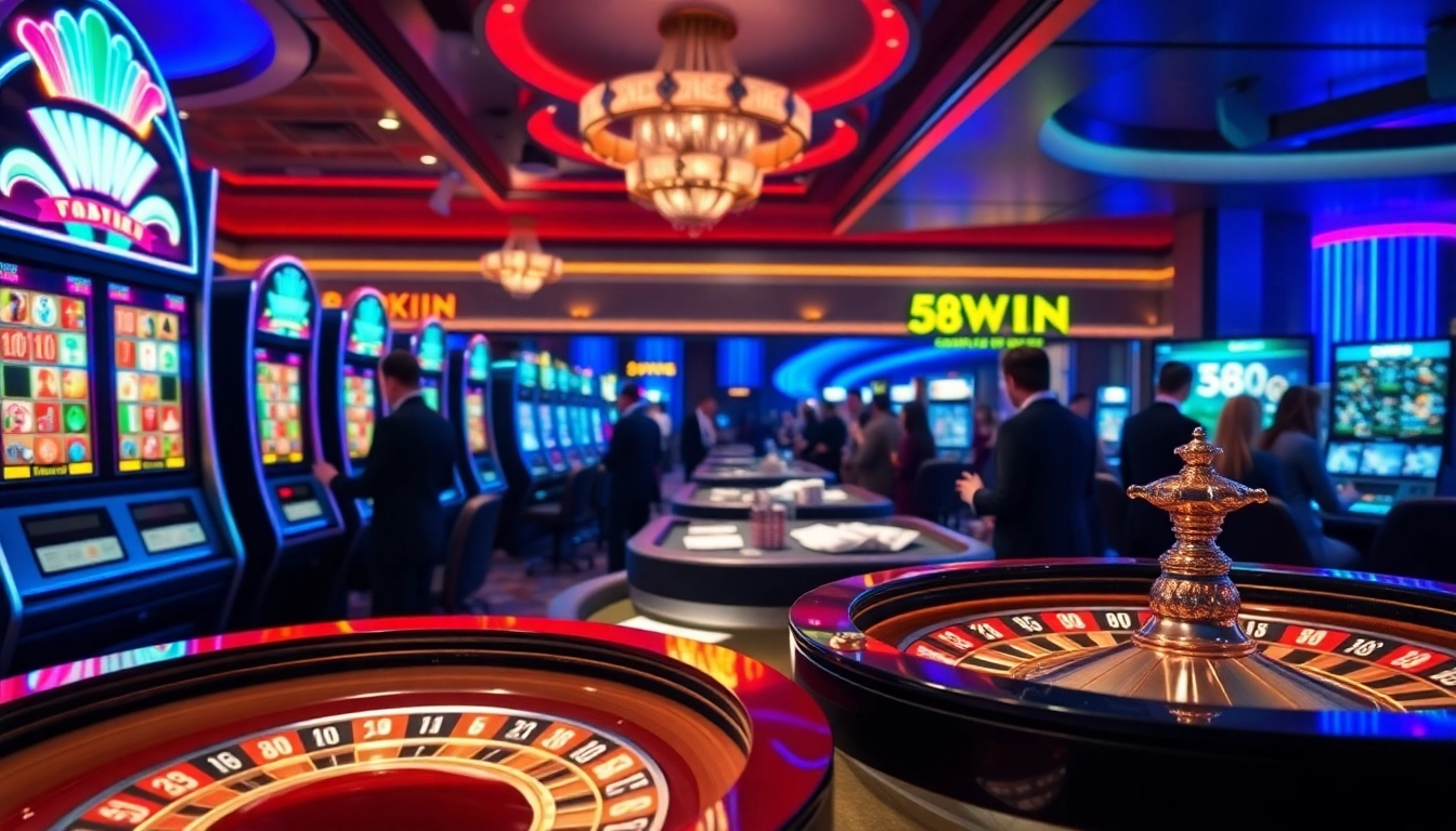 Experience the excitement of gambling with 58WIN through vibrant slot machines and an elegant casino scene.