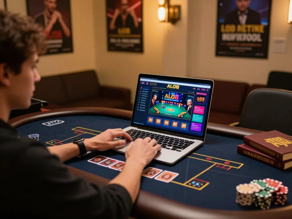 Player engaging in online poker on ALO8, showcasing a modern gaming setup with strategic materials.