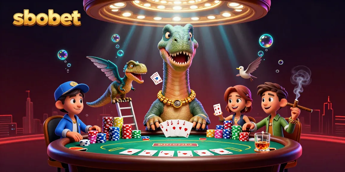 Engage in sbobet poker action at an extravagant casino scene with vibrant characters and decorations.
