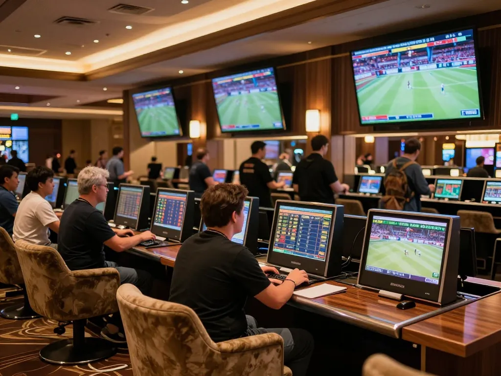 Place strategic bets at mb66-t in a modern sportsbook, with excited gamblers and live sports screens.