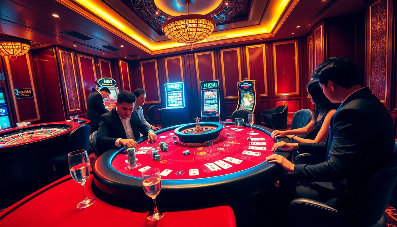 Players enjoying various games at NK88 Casino, with vibrant chips and roulette wheels enhancing the excitement.