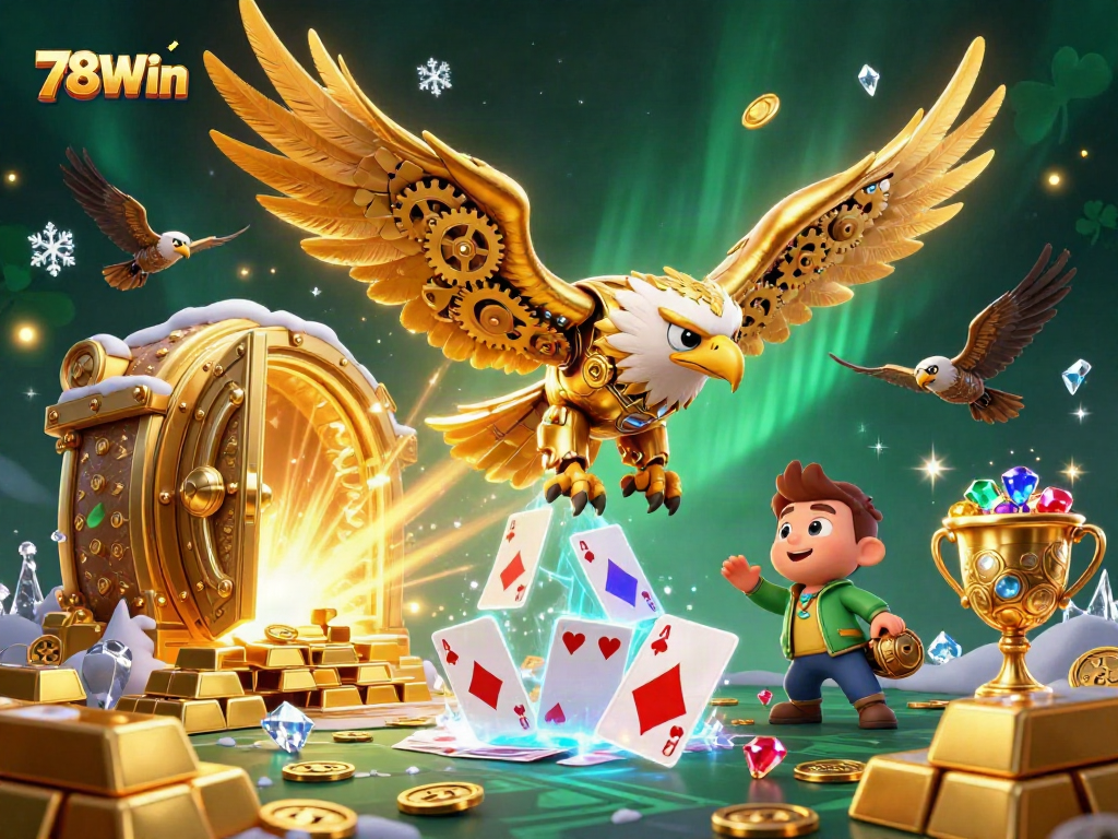 Engage with 78Win's thrilling casino experience through vibrant 3D illustration of a cybernetic eagle.