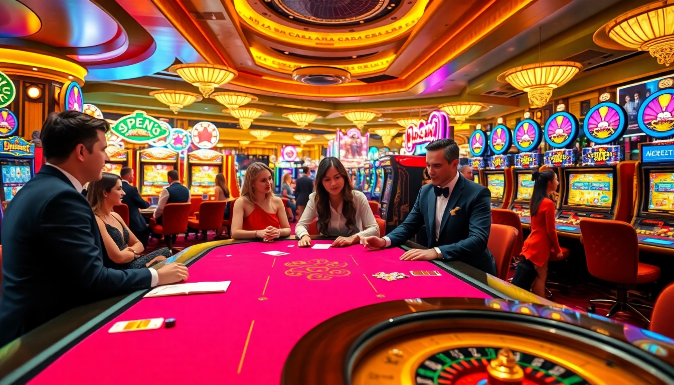 Players engaging in an exciting casino experience at 65A with vibrant slot machines and poker tables.