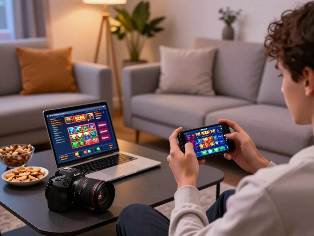 Player engaging with the SC88 casino app on smartphone in cozy home environment.