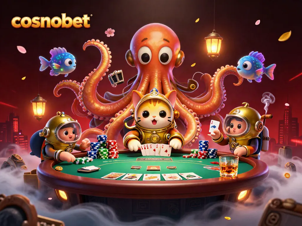 Experience thrilling gameplay at Cosmobet with a dynamic poker table and vibrant casino elements.