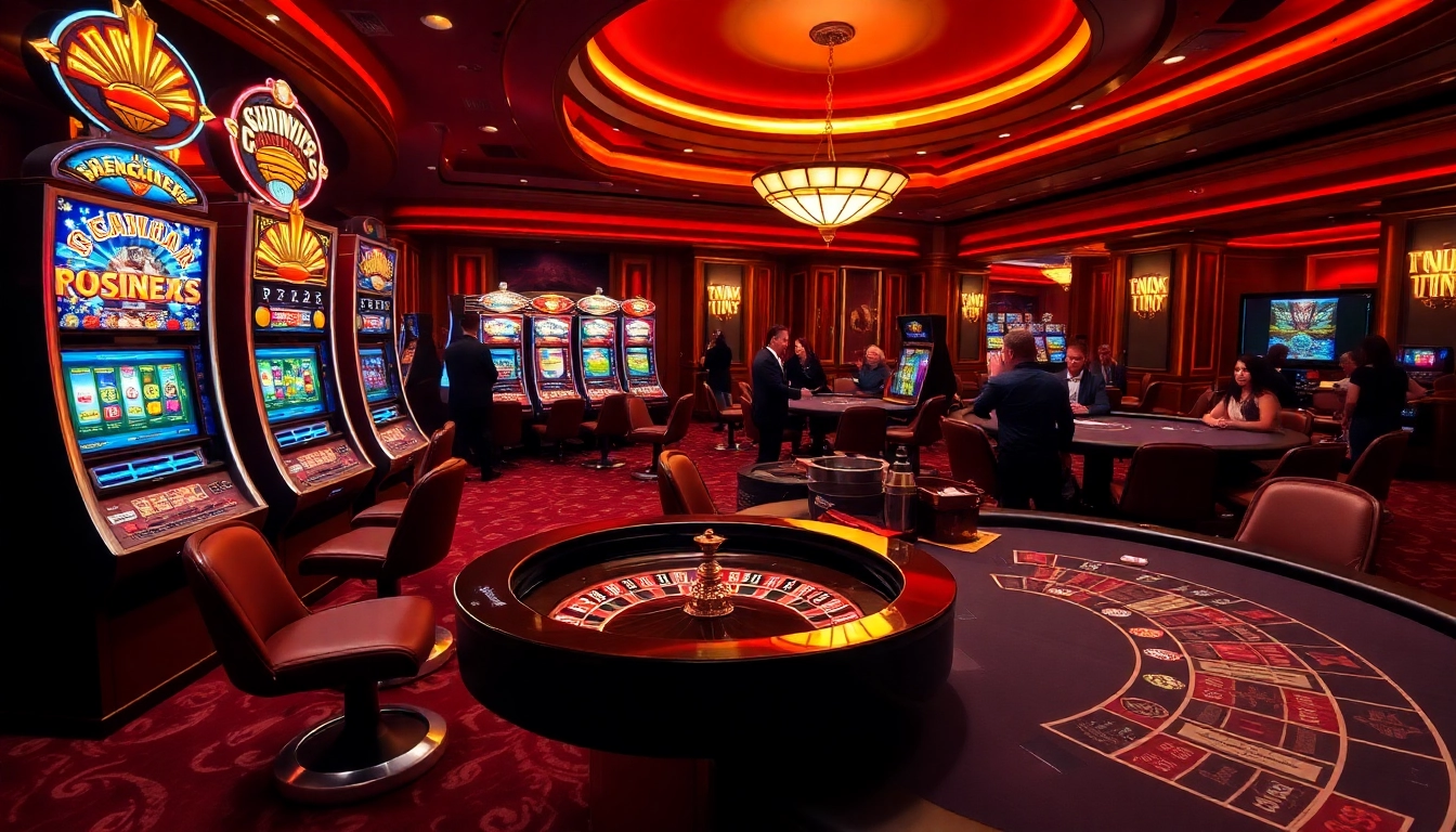 Experience thrilling gameplay at Sunwin with vibrant slot machines and a roulette wheel.