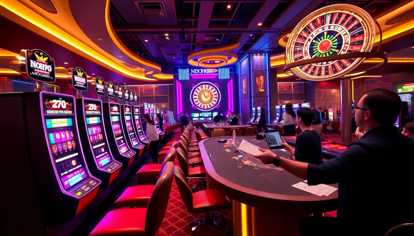 Players enjoying slots at NOHU90, surrounded by vibrant casino tables and roulette wheels.
