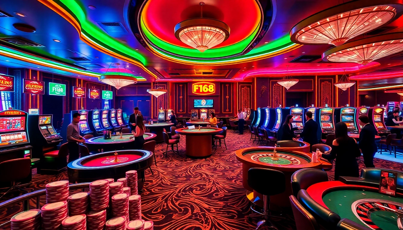 F168 casino highlights vibrant gaming atmosphere with poker tables and roulette wheels.