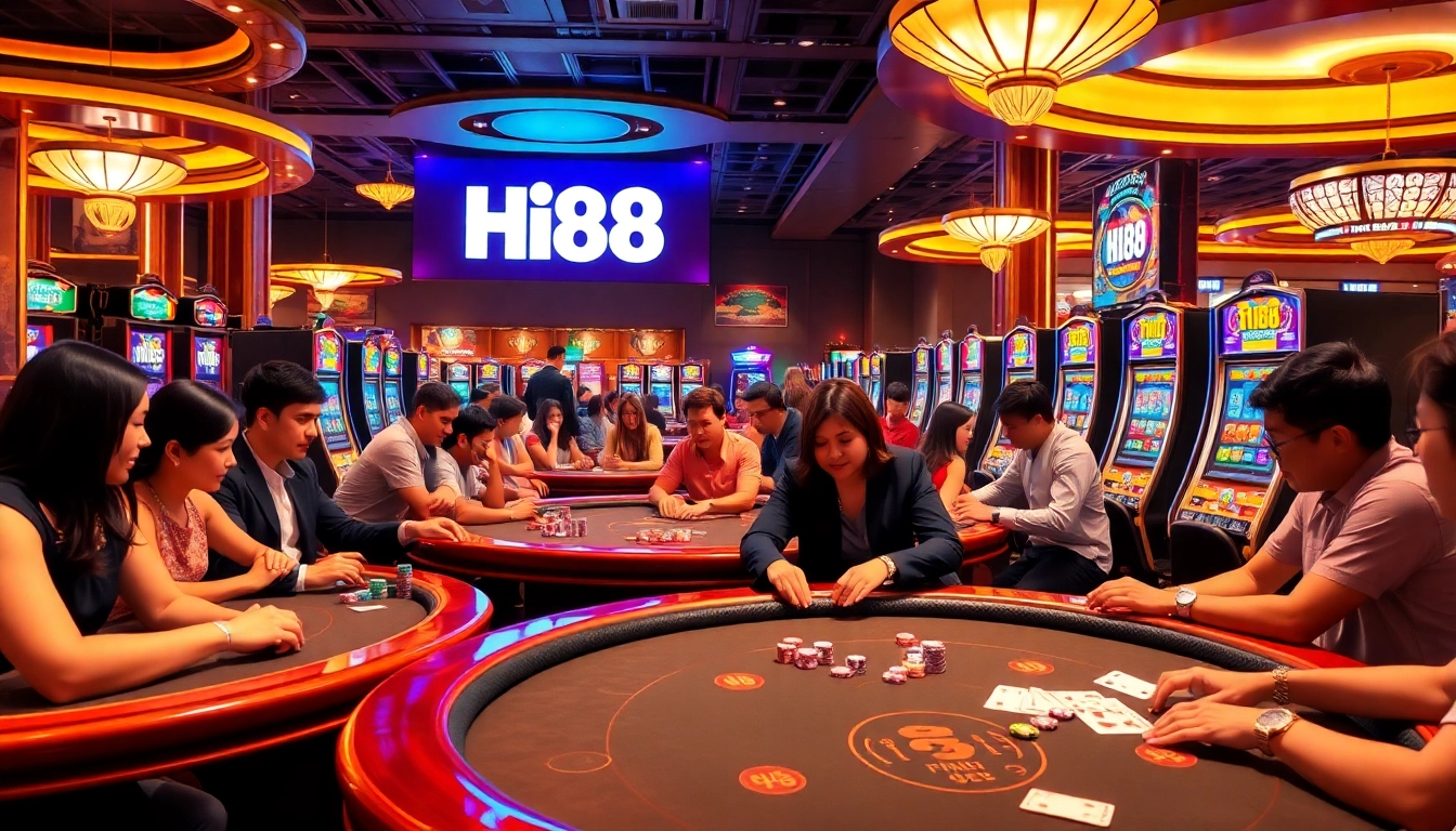 Hi88 players enjoying thrilling casino games with vibrant tables and exciting atmosphere.