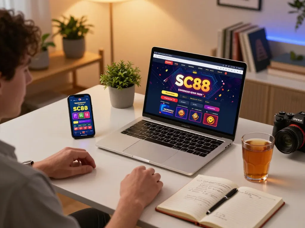 Player engaging in SC88 online gambling strategy on a laptop, accompanied by notes and a smartphone.