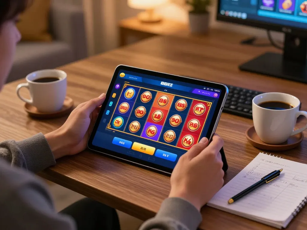 Engaging gameplay with the 8EEE app on a tablet, showcasing vibrant casino slots environment.