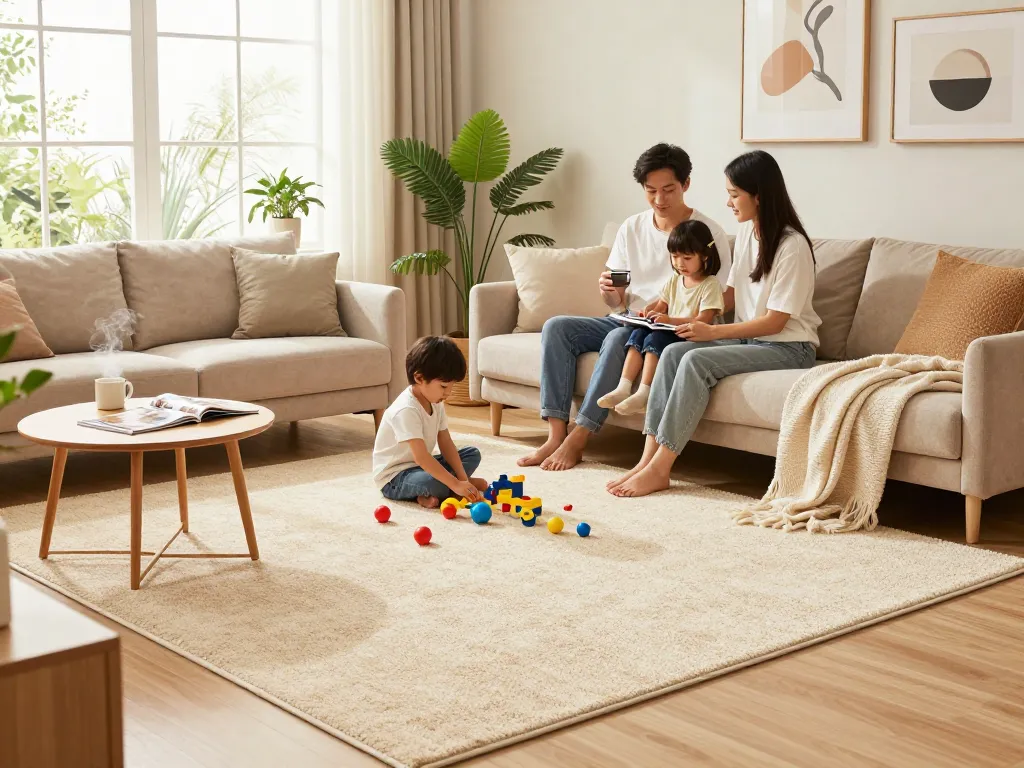 Affordable carpets London used in a cozy living room with family playing on the floor.