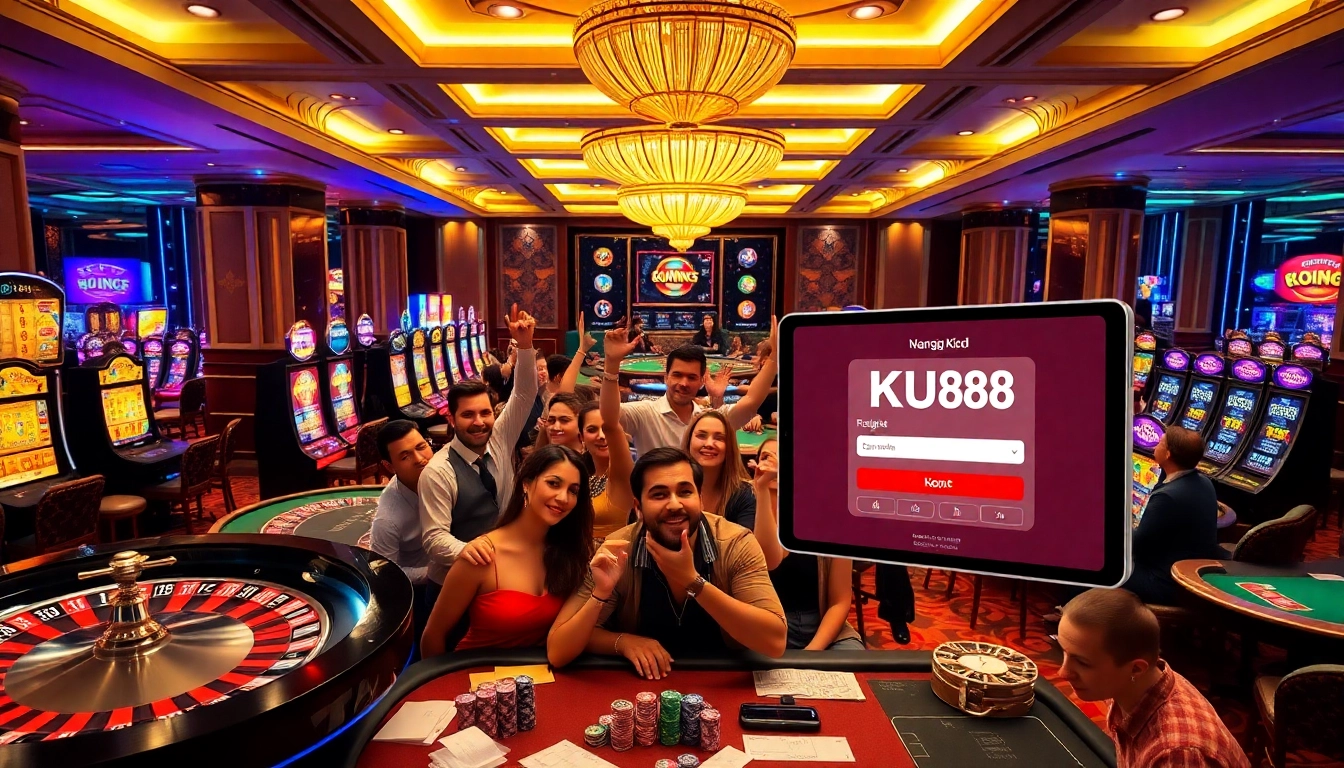 Experience the thrill of Đăng ký Ku88 with vibrant casino elements, showcasing players celebrating wins amidst sleek gaming tables.