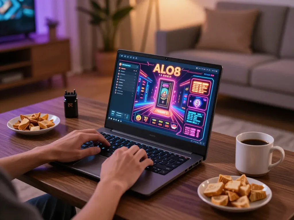 Player engaging with the ALO8 online casino platform, showcasing dynamic game interface and cozy setup