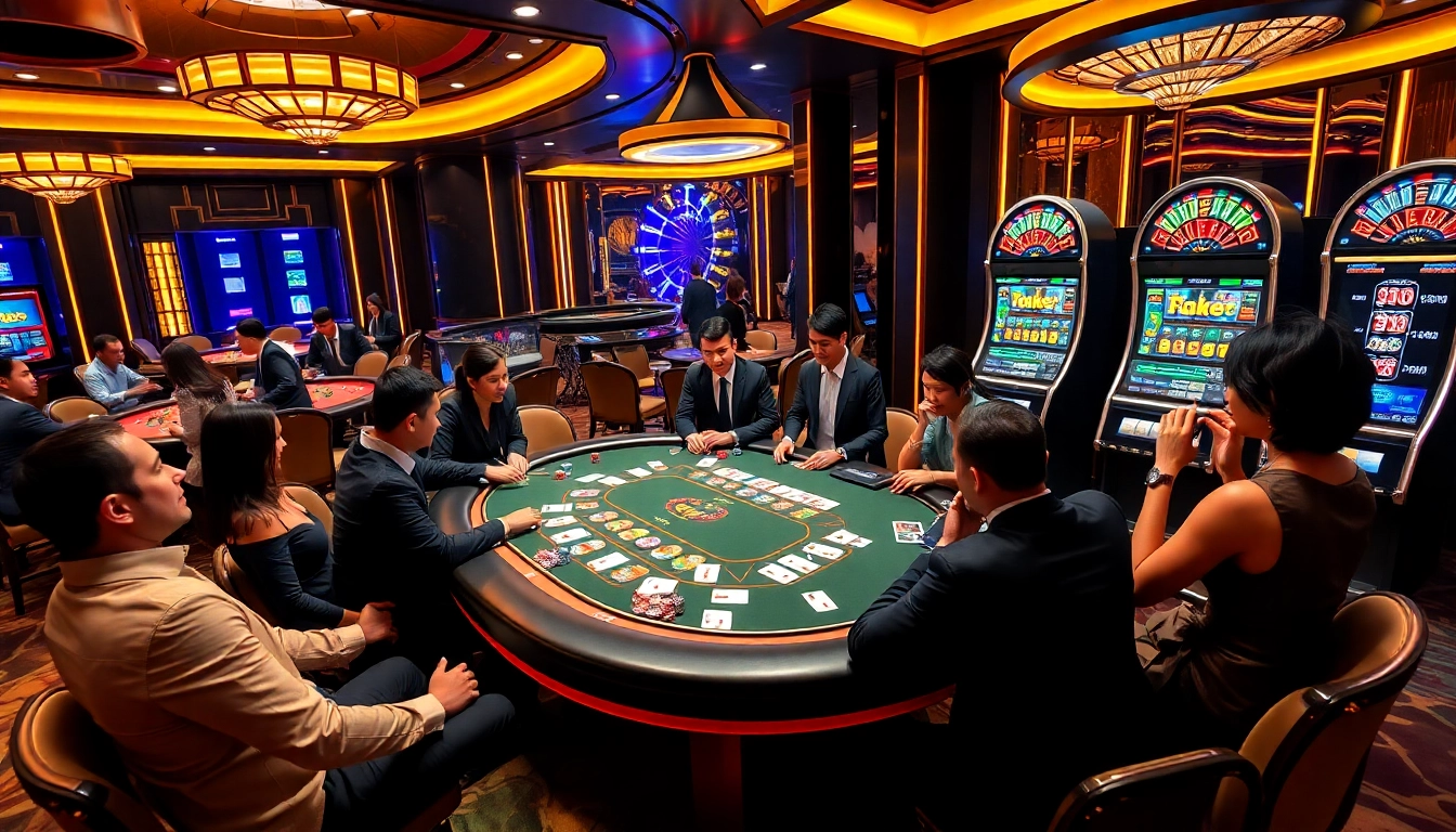Experience the excitement of gambling at Typhu88 with vibrant casino scenes, including poker, roulette, and slots.