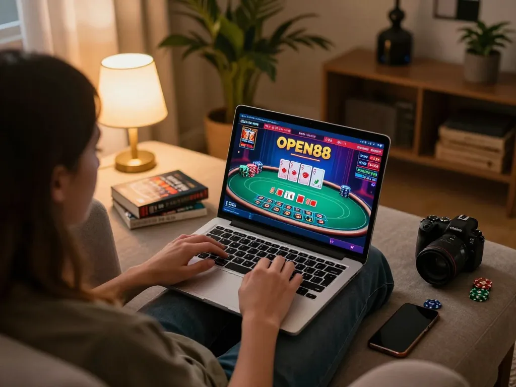 Open88 gaming experience with a player engaged in poker strategy on a laptop, cozy home atmosphere