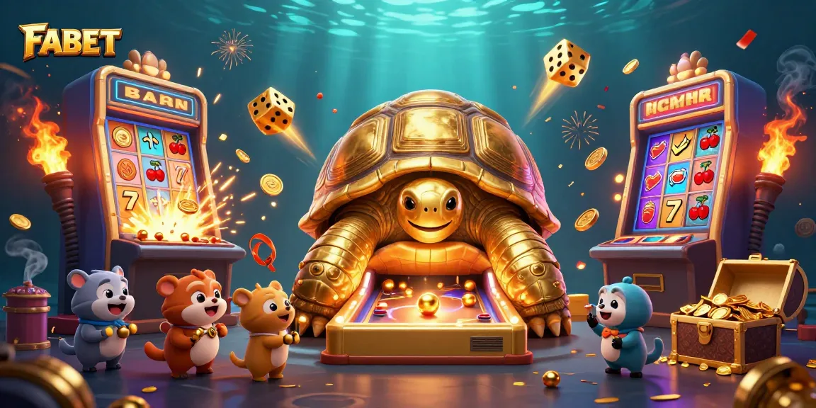 Experience thrilling gameplay with FABET's vibrant 3D casino scene, showcasing exciting slot machines and golden treasures.