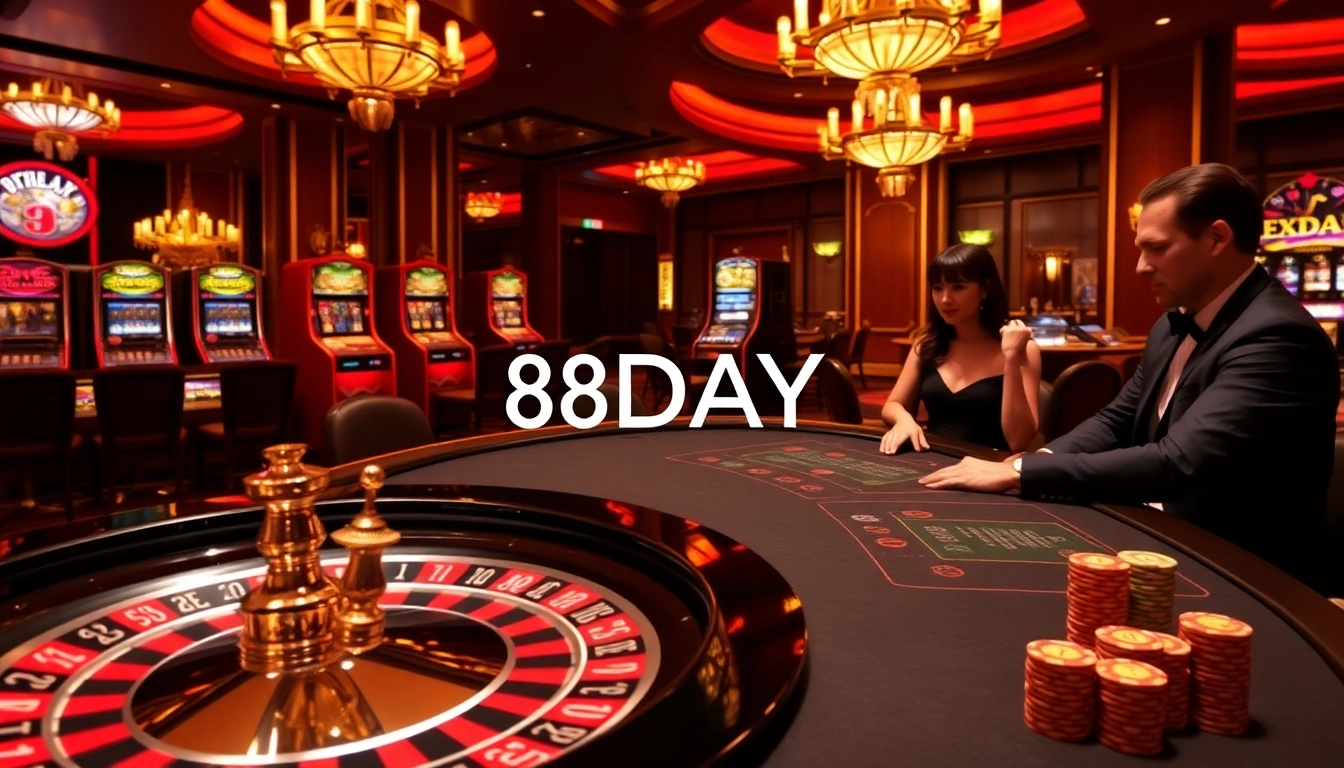 8DAY casino scene with luxurious poker tables and vibrant roulette wheel, capturing the excitement of gambling.