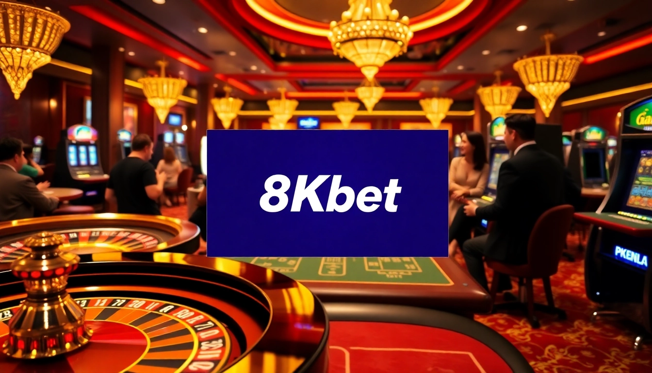 Players enjoying high-stakes games at 8Kbet, surrounded by slot machines and poker tables.