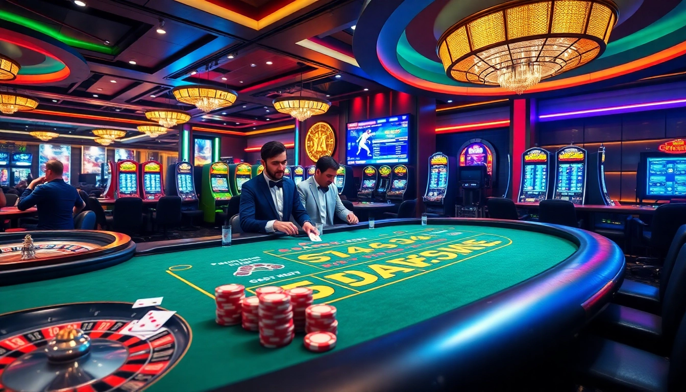 Players engaging with l444 casino games at a vibrant poker table and slot machines.