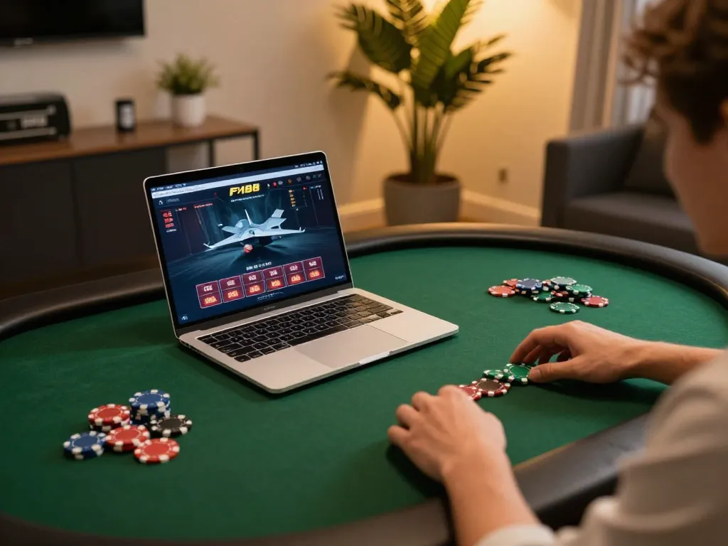 Players engaging in online games at F168 casino on stylish laptop with warm ambiance.