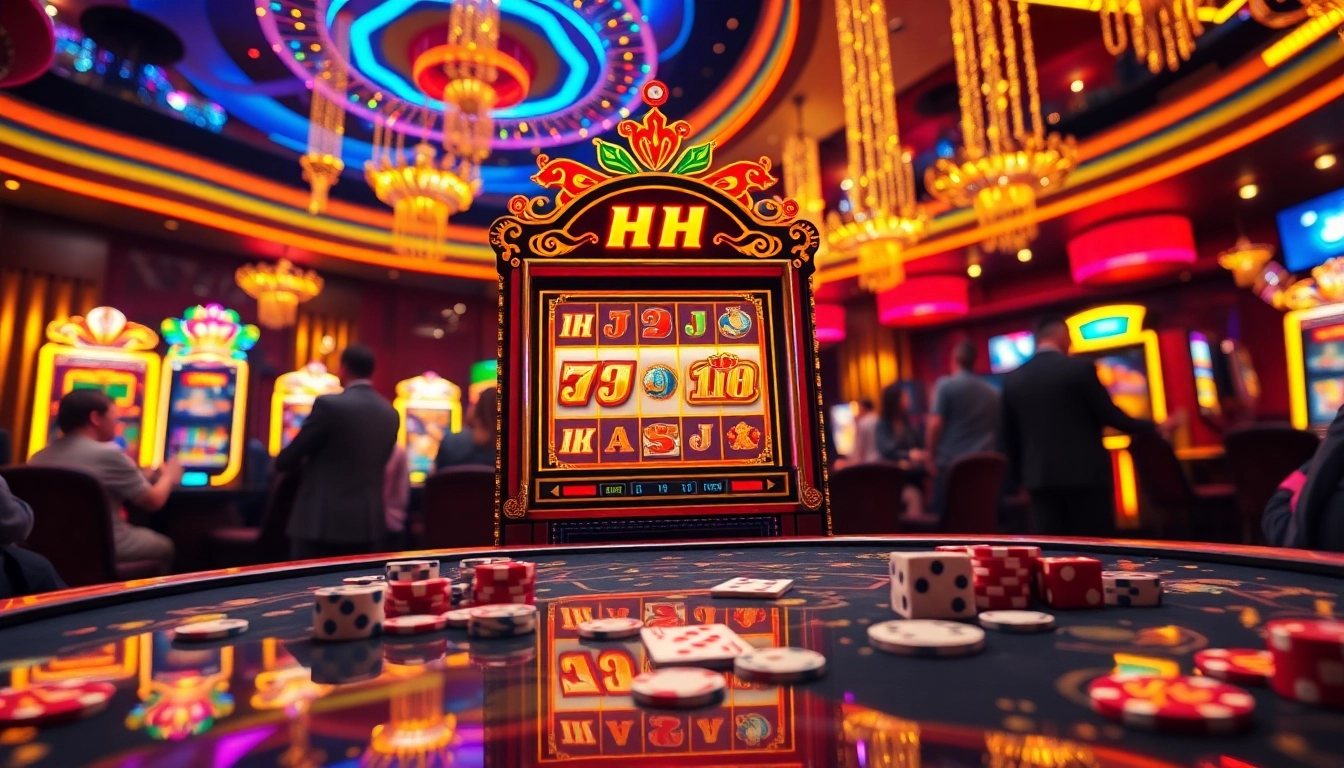 Nổ hũ slot machine lights up the casino, surrounded by chips and cards, bringing excitement.