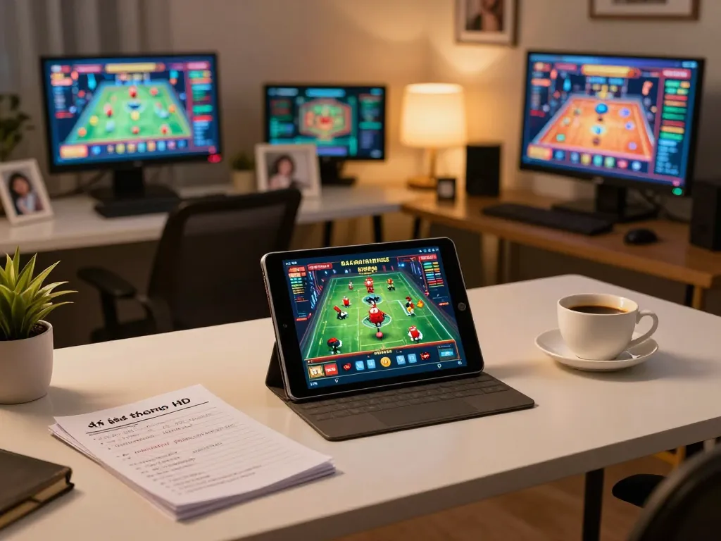 Thưởng thức đá gà thomo HD trên máy tính bảng trong một buổi chơi game tại nhà ấm cúng với ghi chú và cà phê.