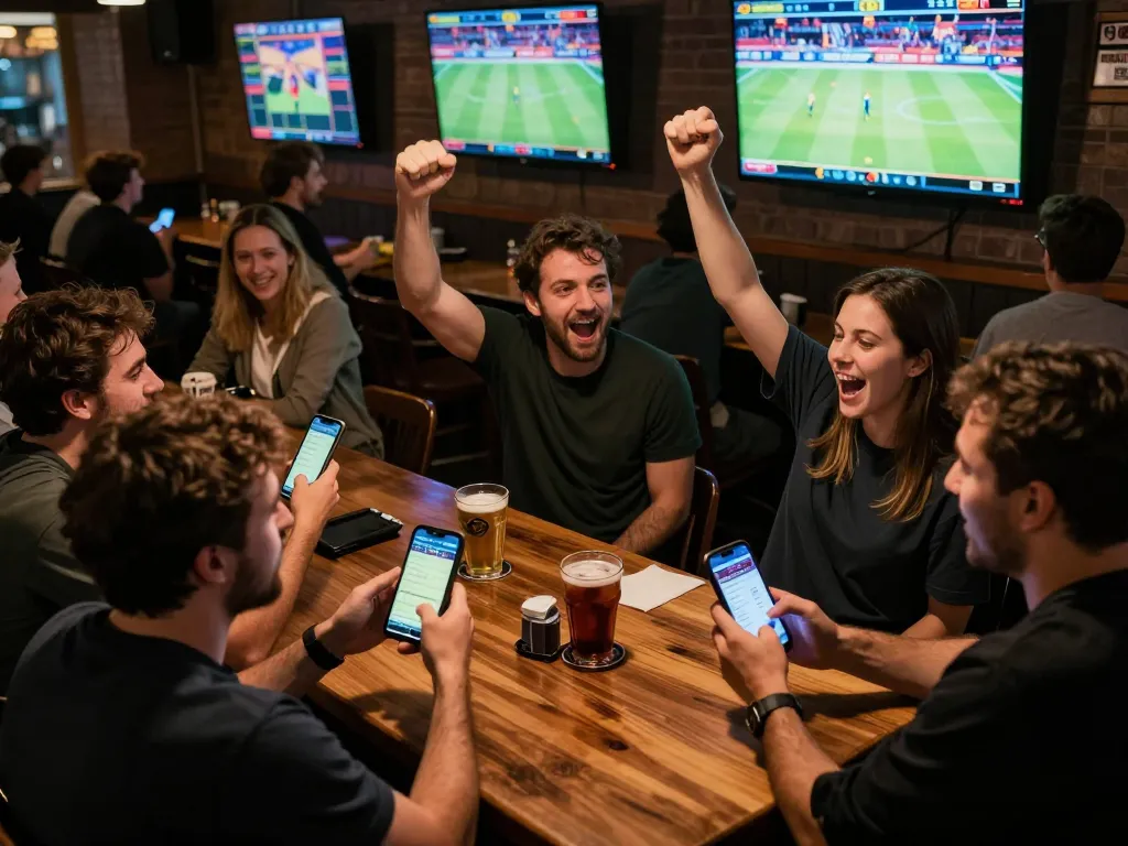 Exciting sports betting action at a bar with friends using ok365 for live updates and betting interactions.