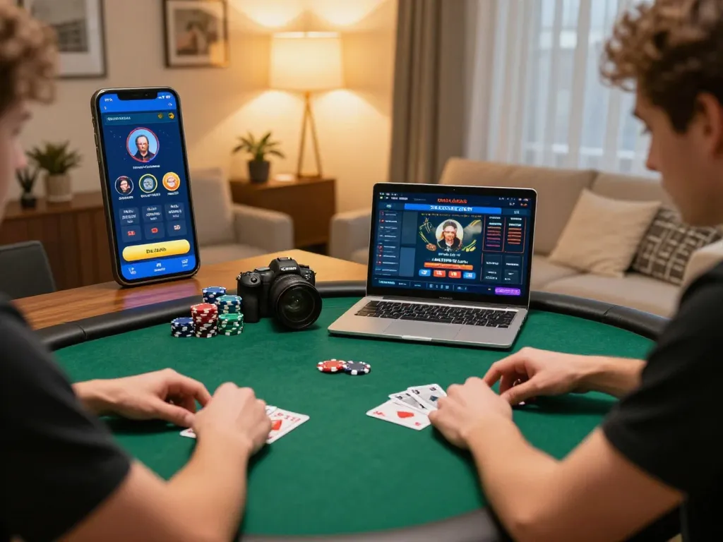 Engaging in strategic online poker at dt68 with cards and chips visible in a cozy home setting.