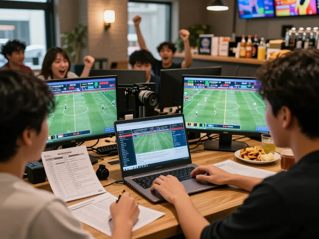 Engaged sports bettor studying kèo nhà cái odds in a lively urban betting lounge.