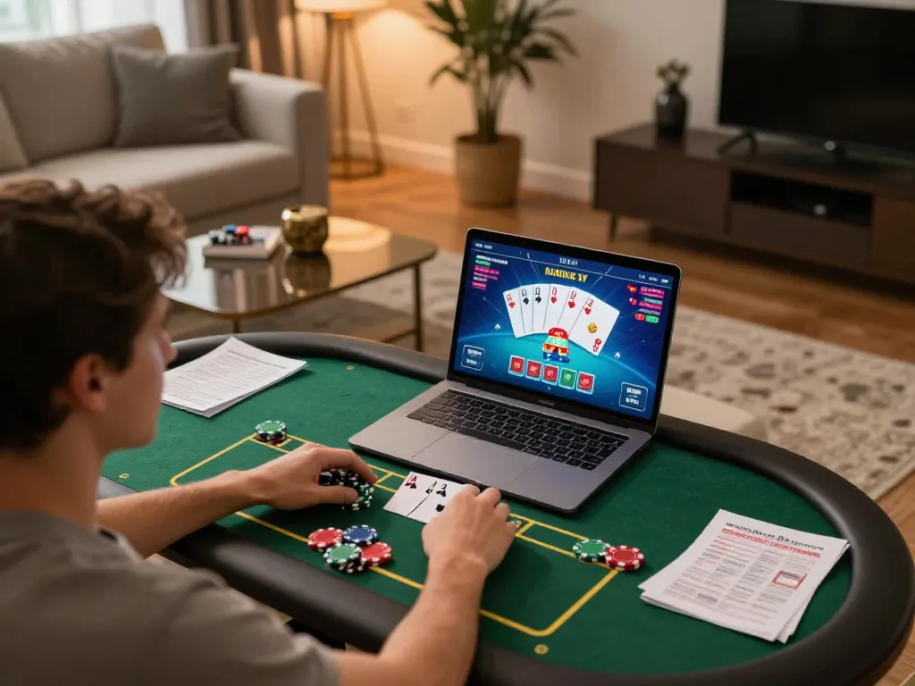 Player engaged in online poker on Rikvip platform, showcasing a cozy home gaming environment.
