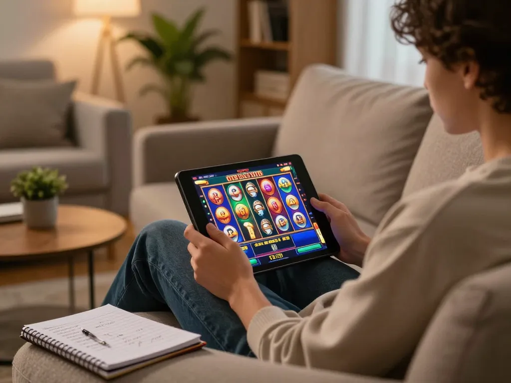 Engaged user playing uu8855 slot game on a tablet at home, showcasing responsible gaming strategies.