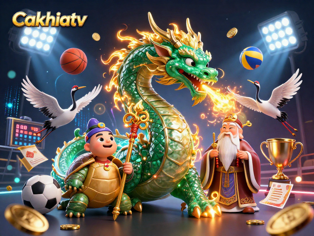 Cakhiatv showcases an epic scene of a jade dragon, turtle sage, and cranes in a vibrant, dynamic casino setting.