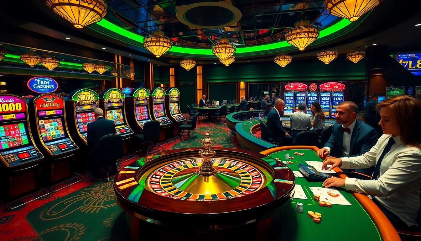Experience the thrill of Raja Luck at a vibrant casino scene featuring roulette and slot machines.