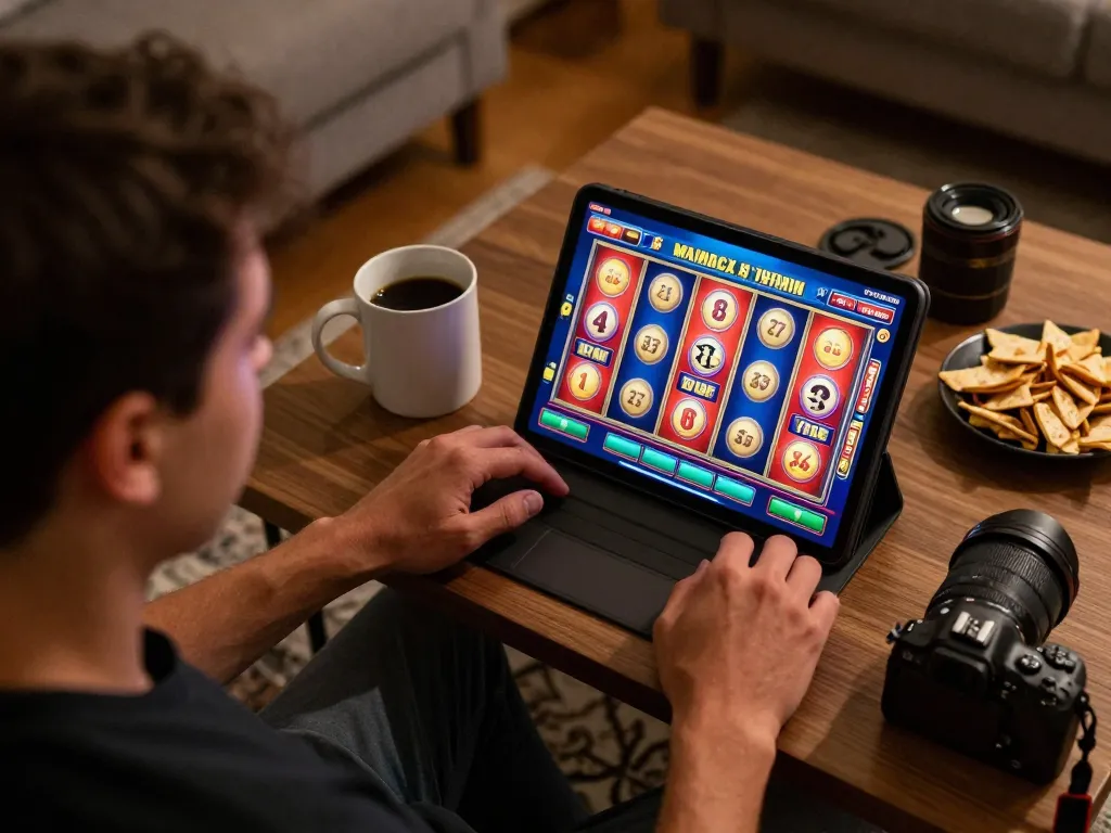 Player engaging with TT88 slot game on a tablet in a cozy home environment, showcasing responsible gaming.